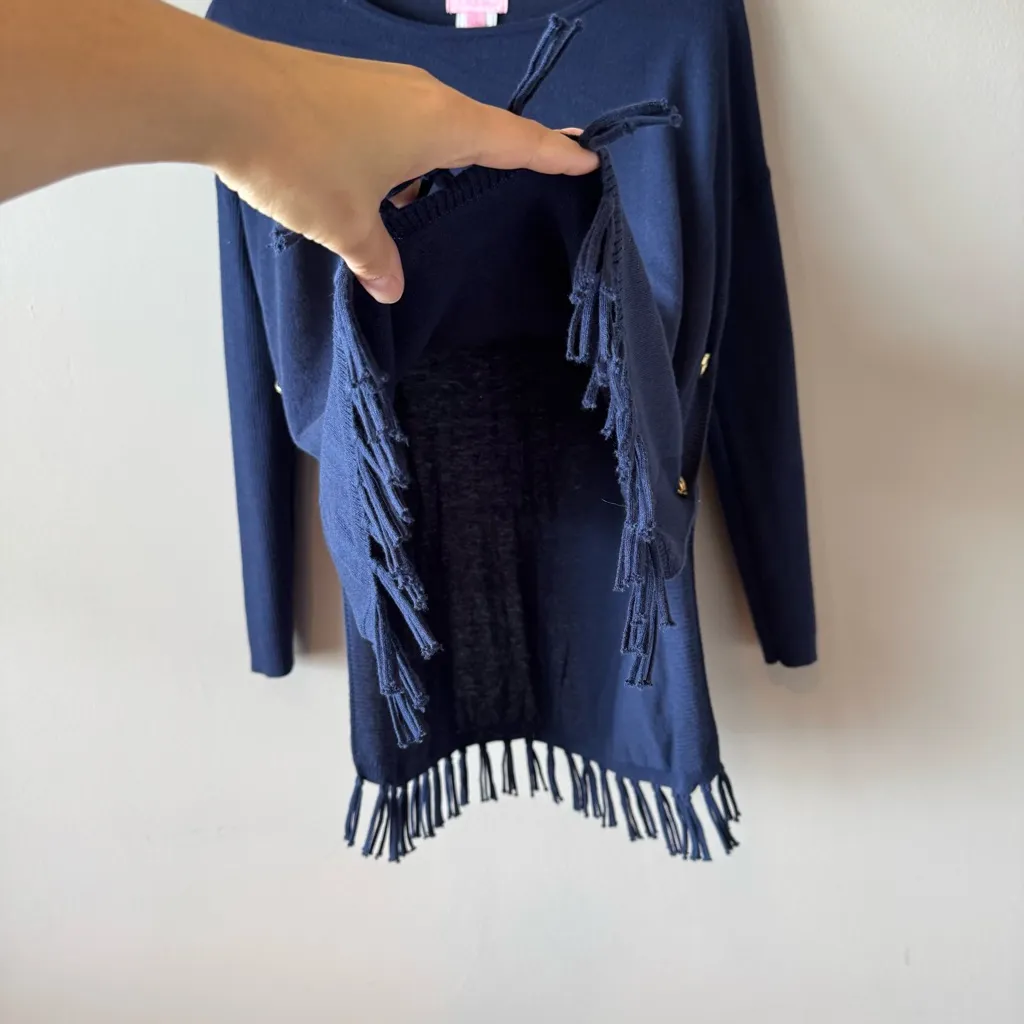 Lilly Pulitzer Women’s Ramona Fringe Sweater in Navy‎ Blue Gold Buttons Size XS - Image 8