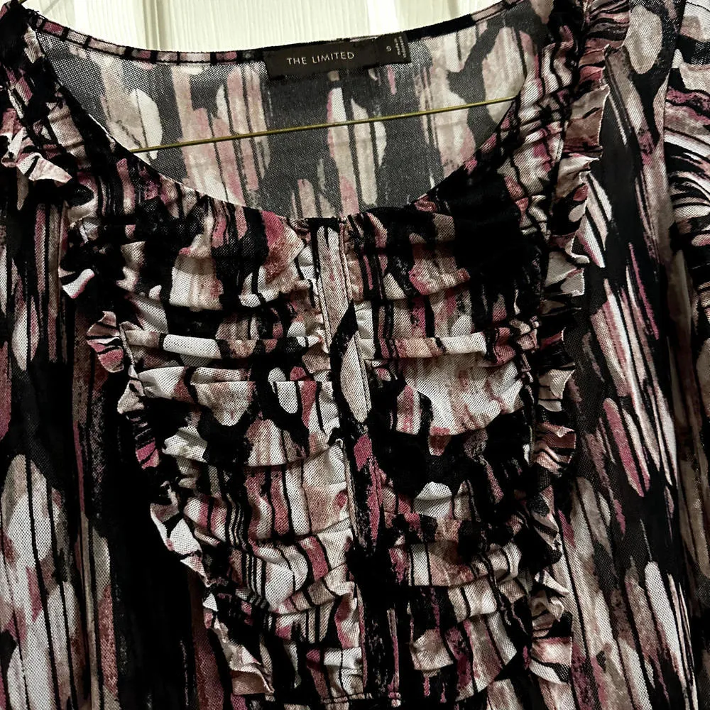 Y2K The Limited Women's Patterned Nylon Mesh T Shirt Top sz S Small Ruffled Neck - Image 2