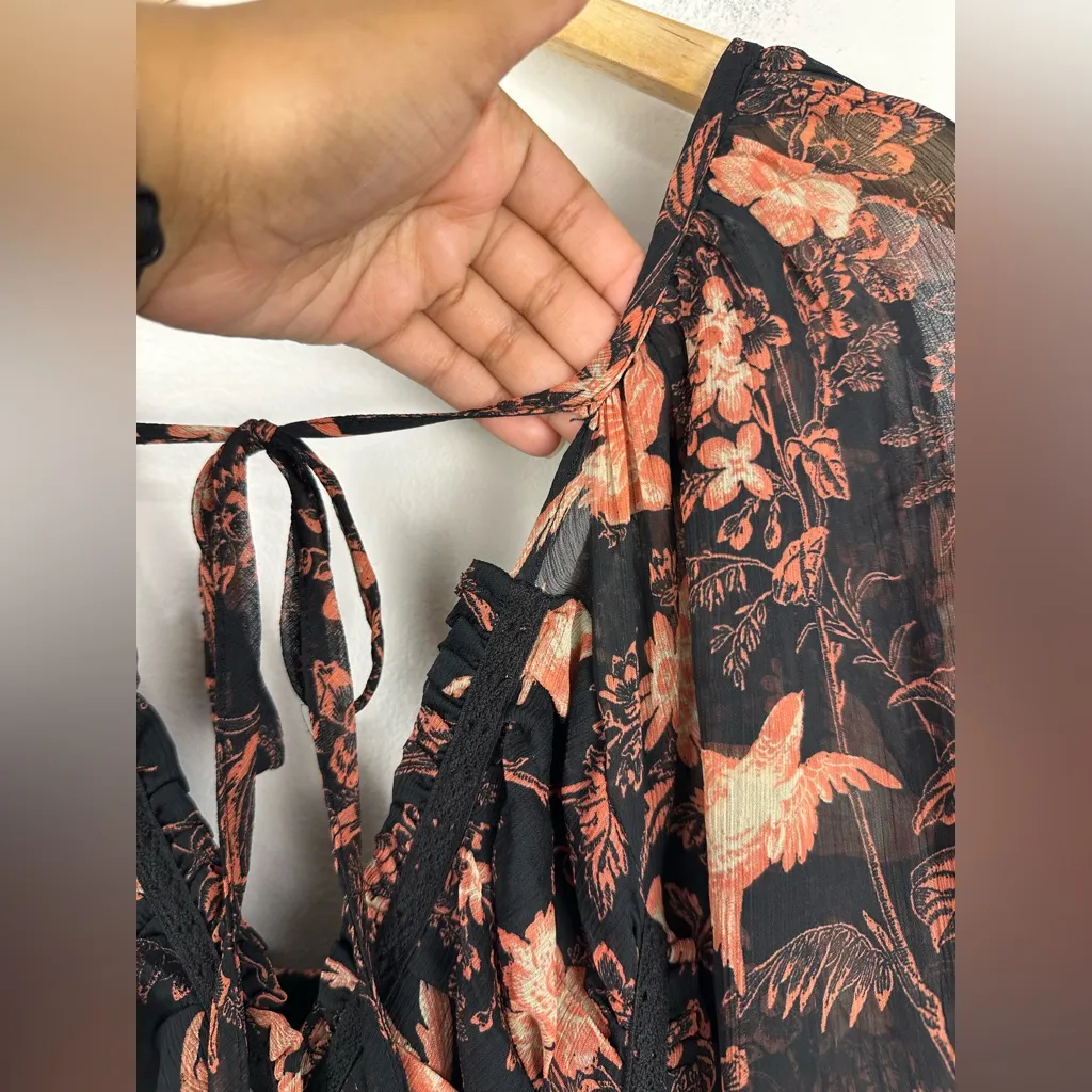 Free People You're A Jewel Maxi Dress Chiffon Black Rose Bird Print Floral Sz XS - Image 8