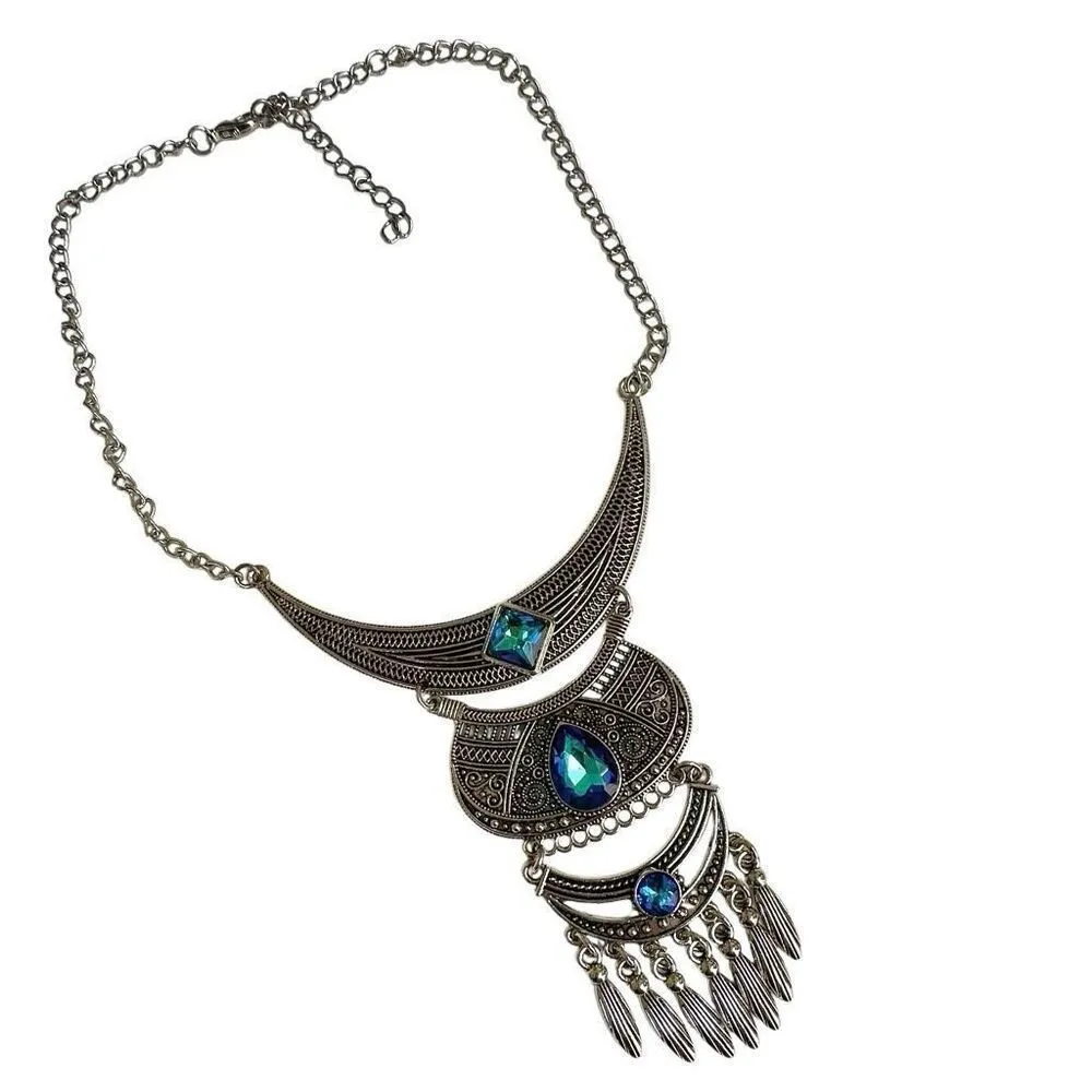 Silver tone and blue statement necklace - Image 3