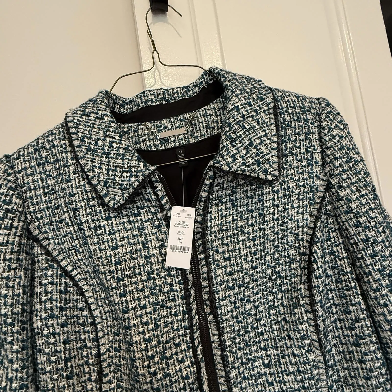 WHBM Tweed Moto Jacket Collared Zip Front River Teal Women’s Sz 14 NWT - Image 9