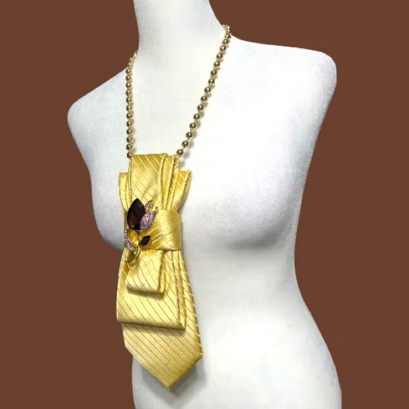 “Dainty Dapper”bold silky look yellow necktie necklace with beautiful brooch White - Image 6