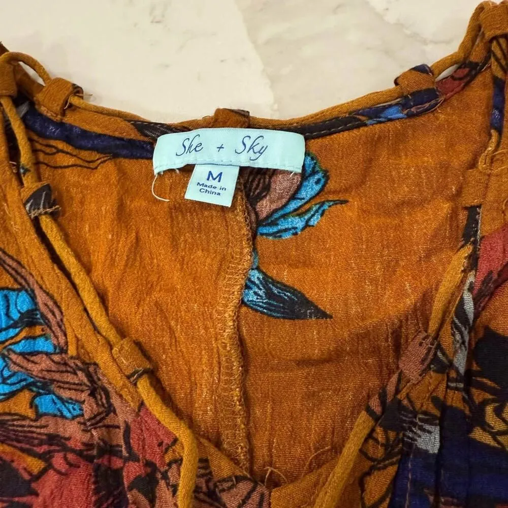 She + Sky Floral Tassle V-Neck Peasant Blouse Women’s Medium Mustard Yellow Boho - Image 4