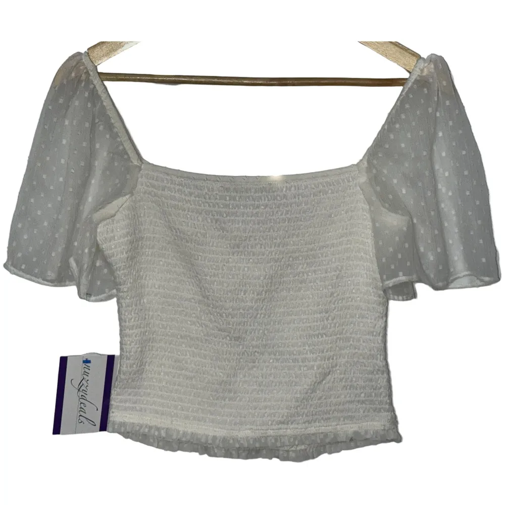 Abercrombie & Fitch White Sheer Polka Dot Smocked V-Neck Puff Sleeve Blouse Sz S - Image 2