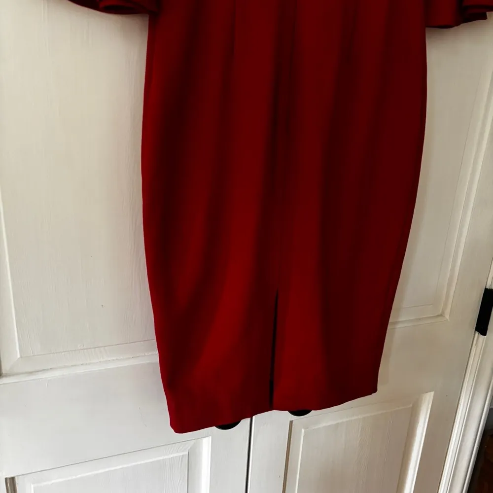 Trina Turk Begonia Bell Sleeve Midi Dress Red Sheath Size 2 Gold Zip Knee Length - Image 13