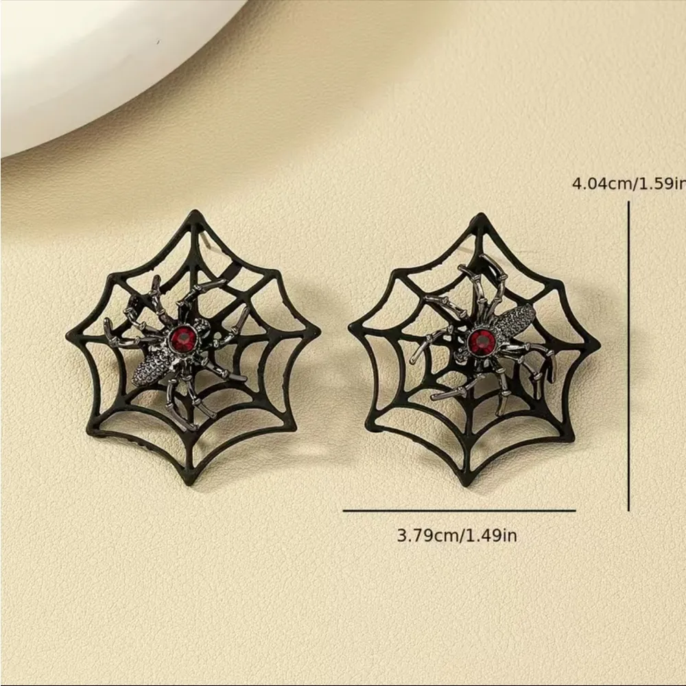 Gorgeous Retro Gothic Spider Web Stud Earrings with Ruby Color Decor Faux Fashio Black - Image 9