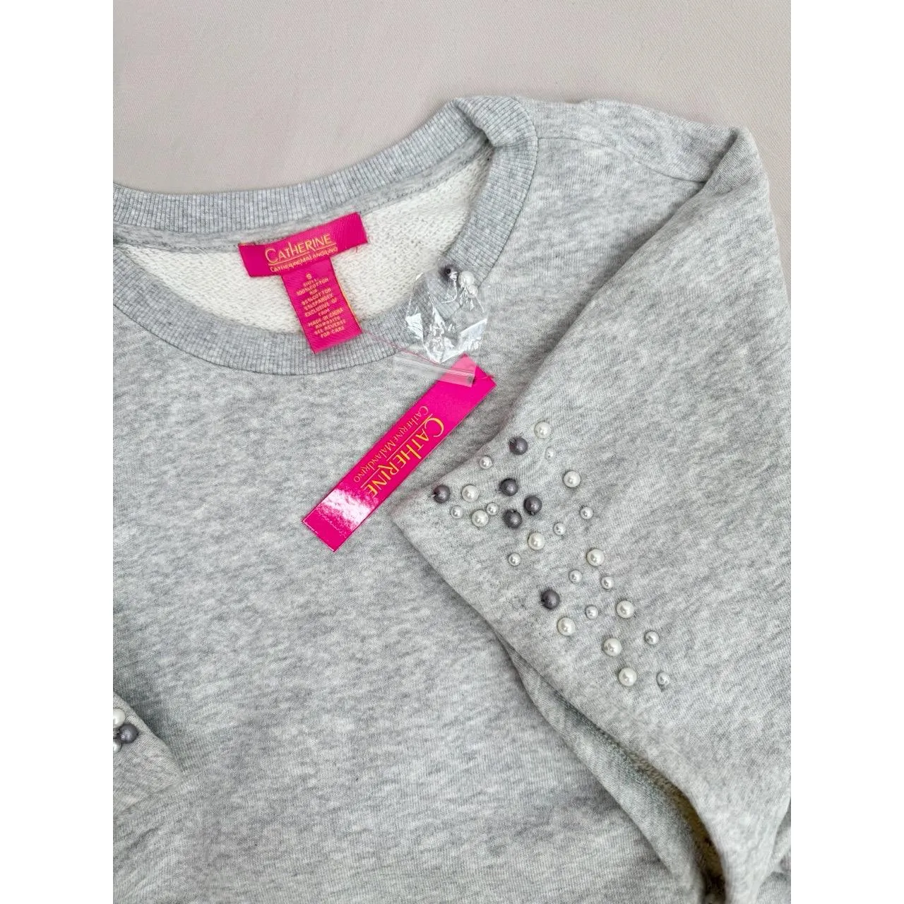Catherine Malandrino Size S Grey Heather Pearl Studded Short Sleeve Sweatshirt - Image 11