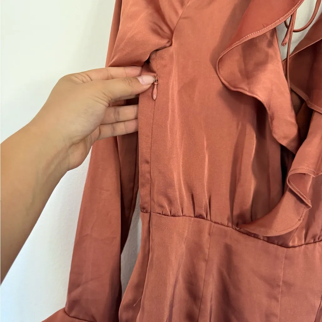 MAJORELLE Nelly Satin Ruffled Long Sleeve Dress in Pink - Image 6