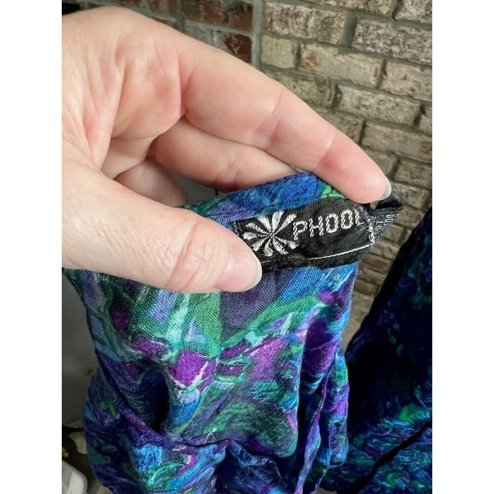 skirt set short sleeve Blouse swing skirt floral green blue purple Size L - Image 11