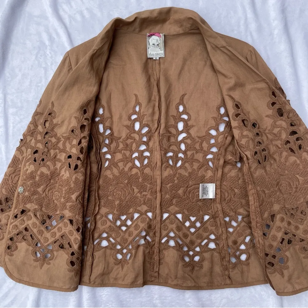 Vintage Tan Linen Bohemian Floral lace Cut Out Blazer Jacket Size 10 - Image 8