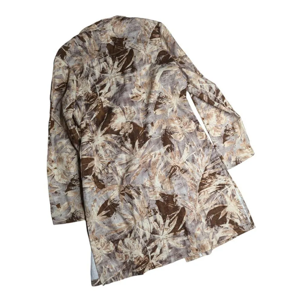Vtg Y2K Coldwater Creek Beige Brown Linen Blend Botanical Leaf Longline Jacket S - Image 2