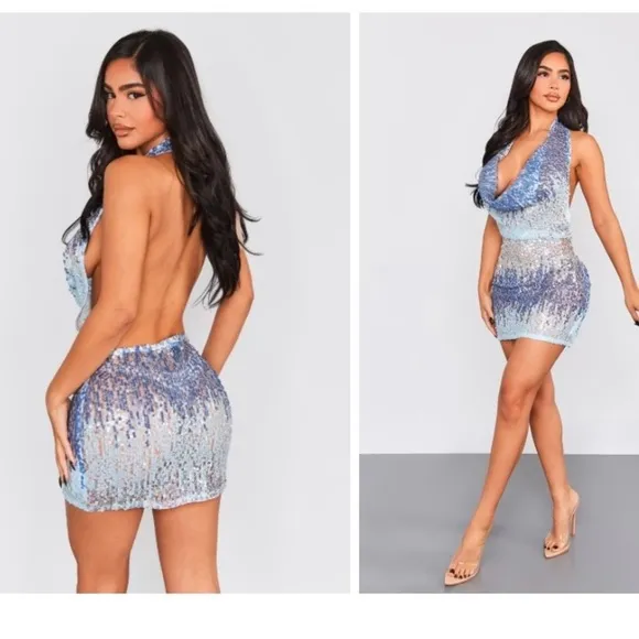 NWT PrettyLittleThing Petite Blue Ombre Sequin Cowl Neck Halter Mini Dress - Image 3