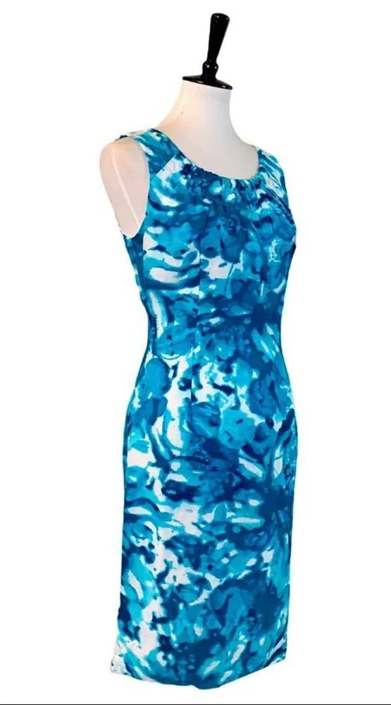 Calvin Klein Linen Sheath Dress Teal White Abstract Print Women's Size 6 - Image 2