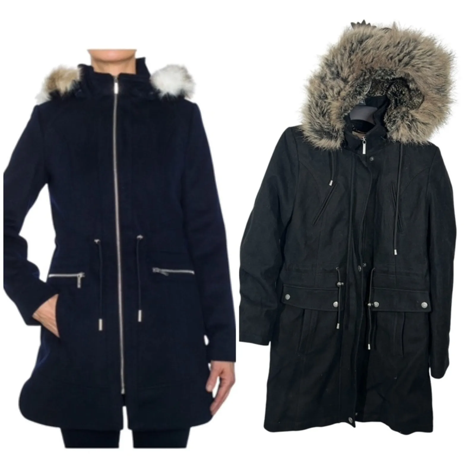 Laundry by Shelli Segal Black Wool Trench Coat Size 8 Removable Fur Hood - Image 2