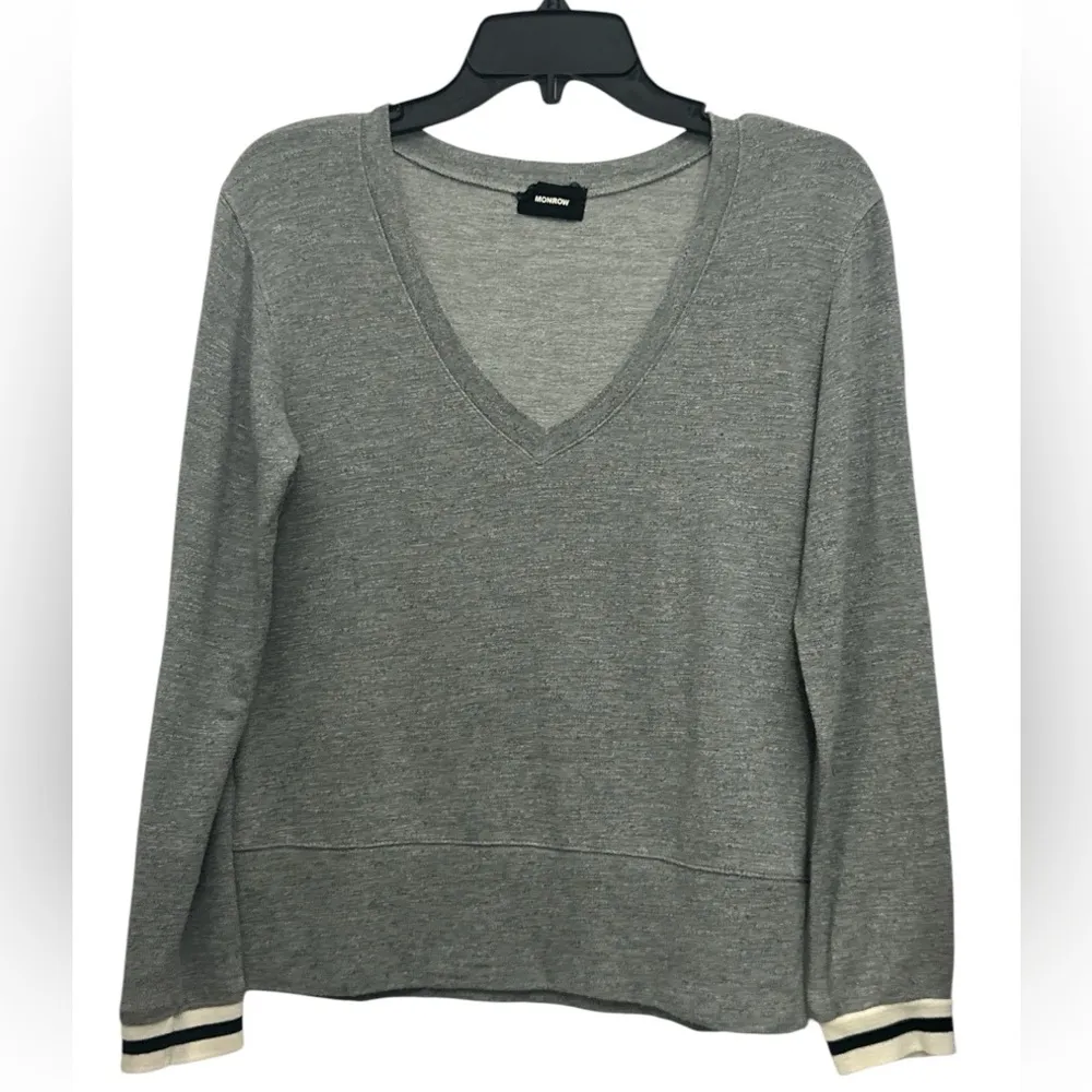 Monrow Striped Cuff V Neck Sweater Size XS Gray Stretchy Sporty - Image 2