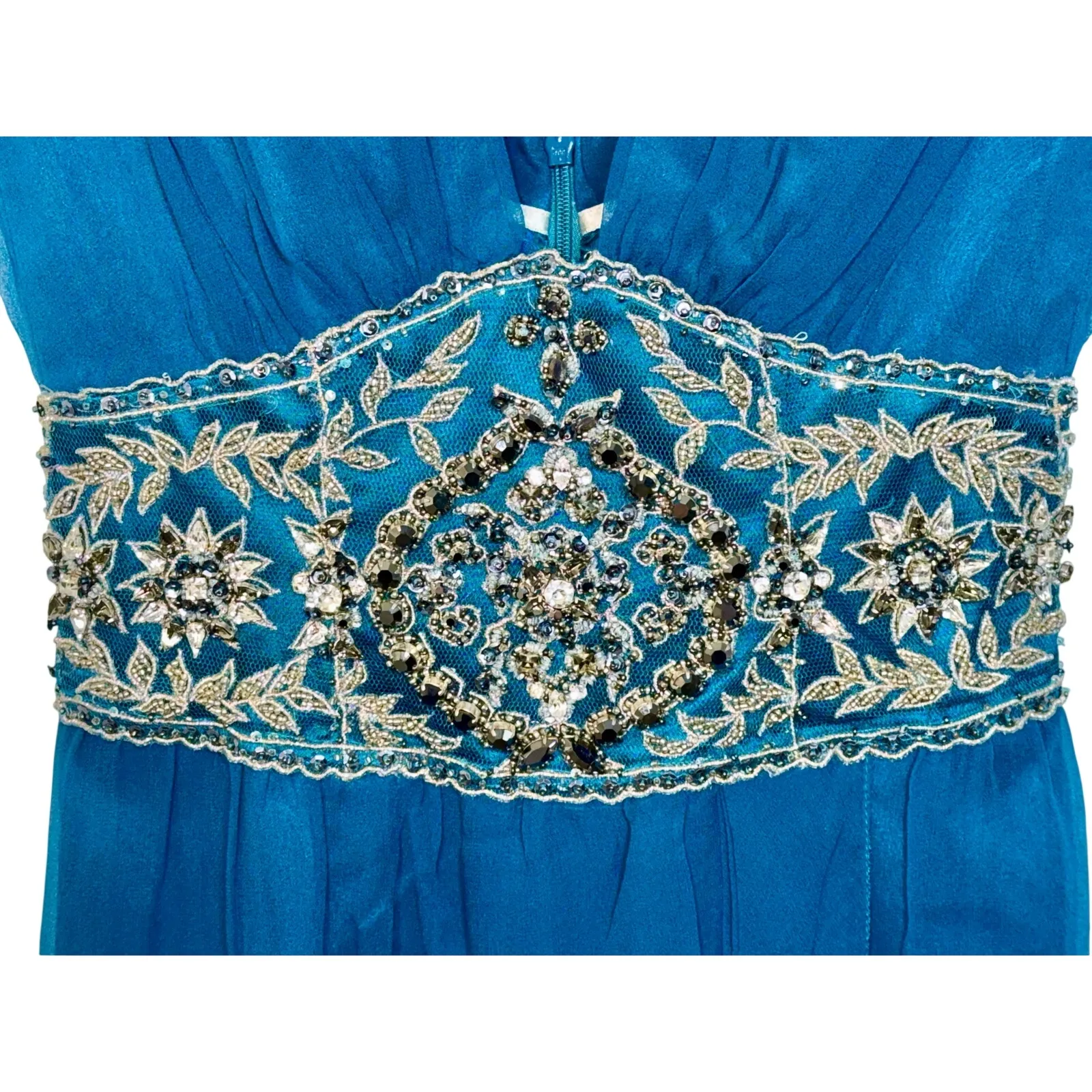 NWT Mandalay Turquoise Silver Silk Beaded Sequin Midi Evening Gown Dress Size 4 Blue - Image 3