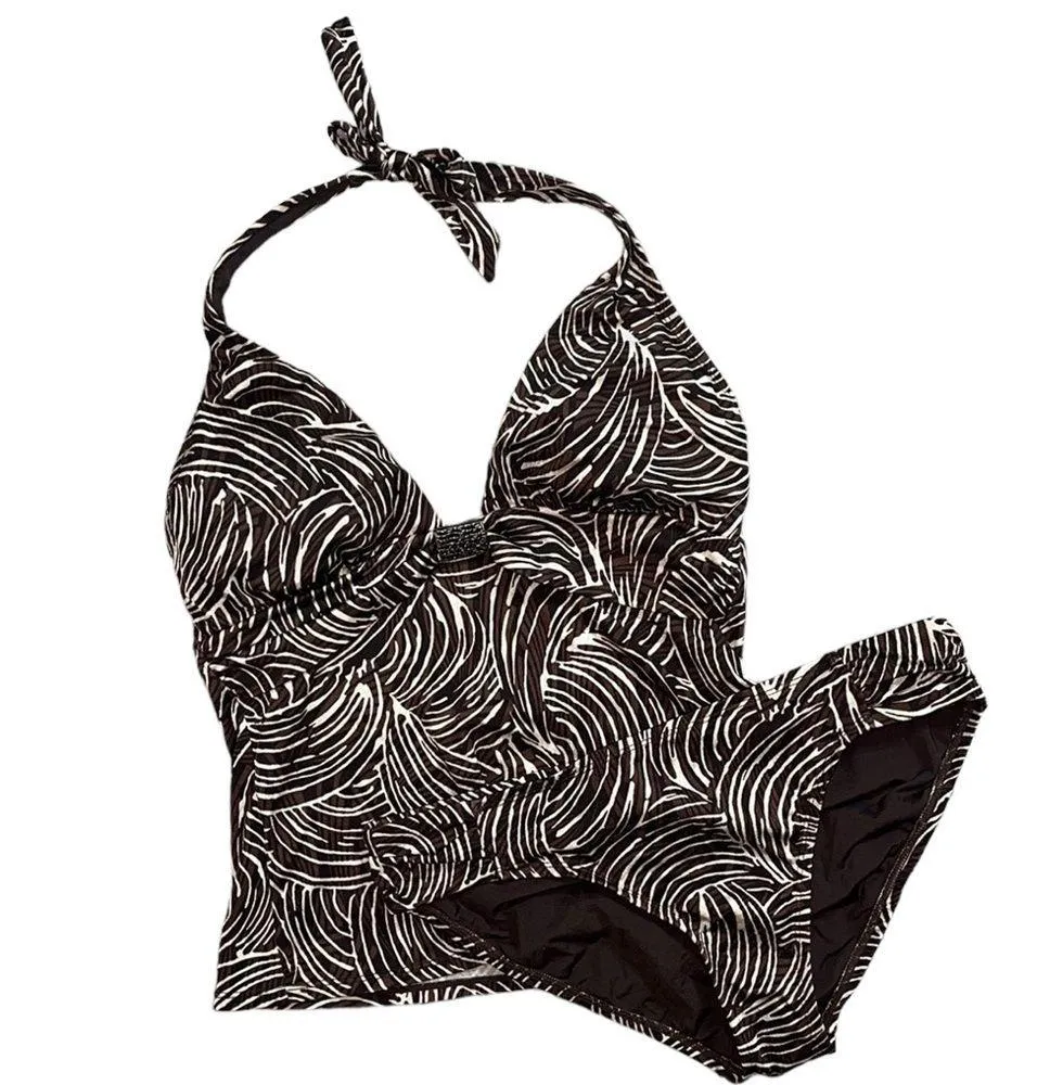 Jantzen Tankini Swimsuit 2pc Bikini Brown Halter Tropical Palm 10 - Image 3