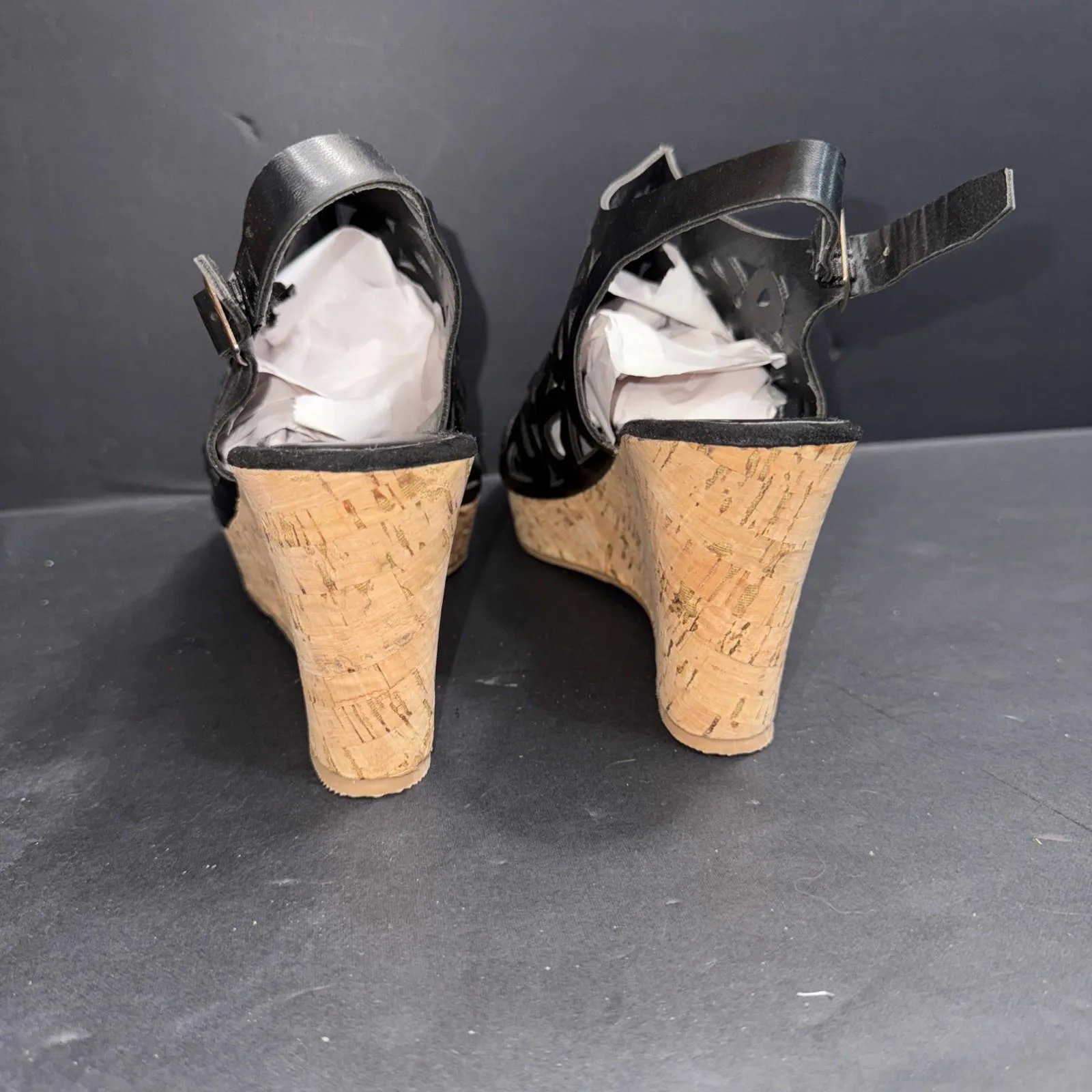 Pierre Dumas Black Tooled Faux Leather Classic Chic Boho Wedge Sandal Platform - Image 12