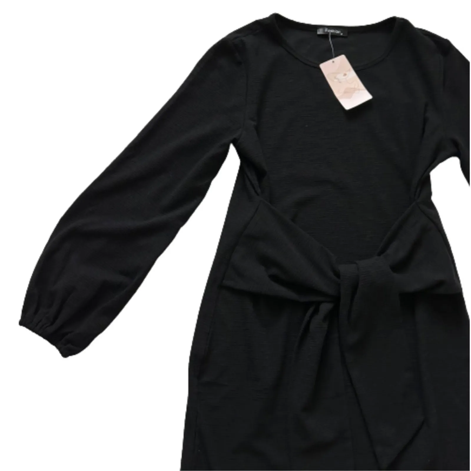Fashion Dress Black Long Lantern Sleeve Crewneck Tie Waist Mini Dress Medium NEW - Image 9