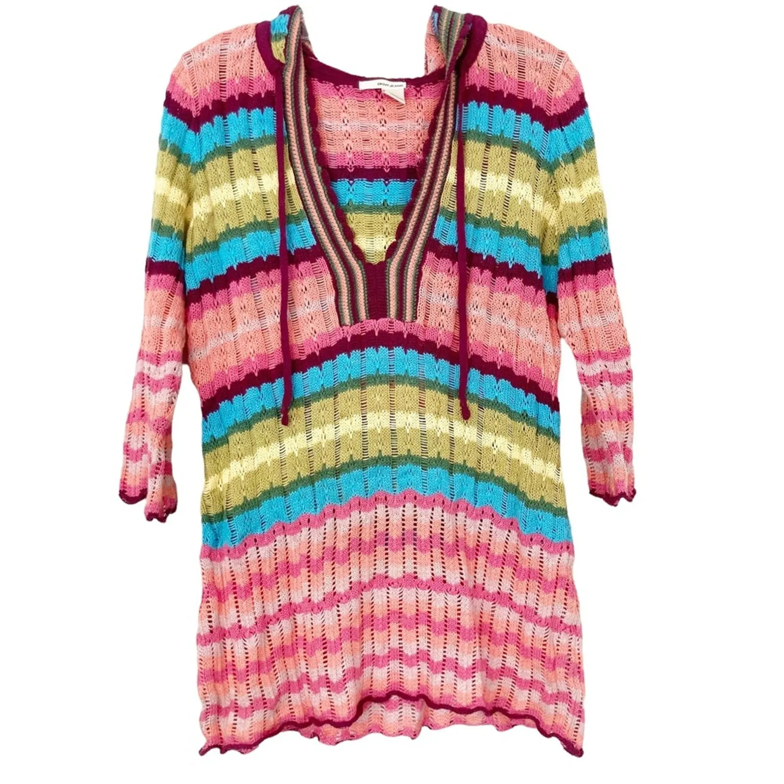 DKNY Jeans Pink Open Knit Split Neck Sweater Sz M - Image 5