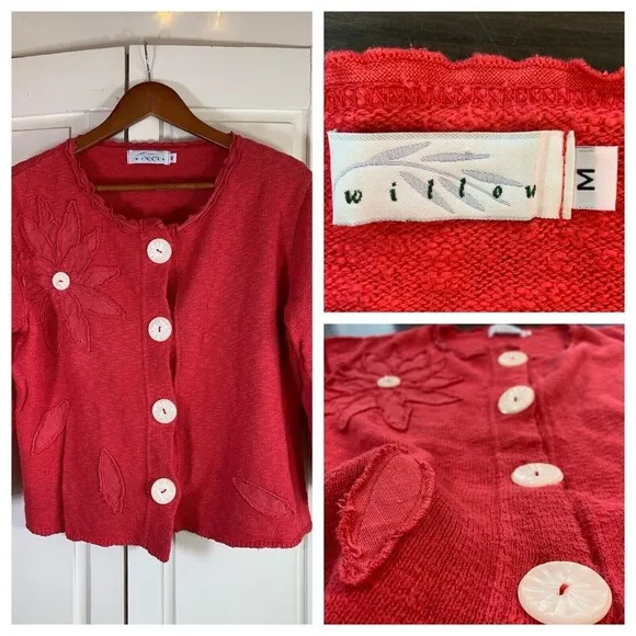 Willow Sweater Medium Pink Knit Cardigan Art to Wear Boutique Embellished Floral - Image 2