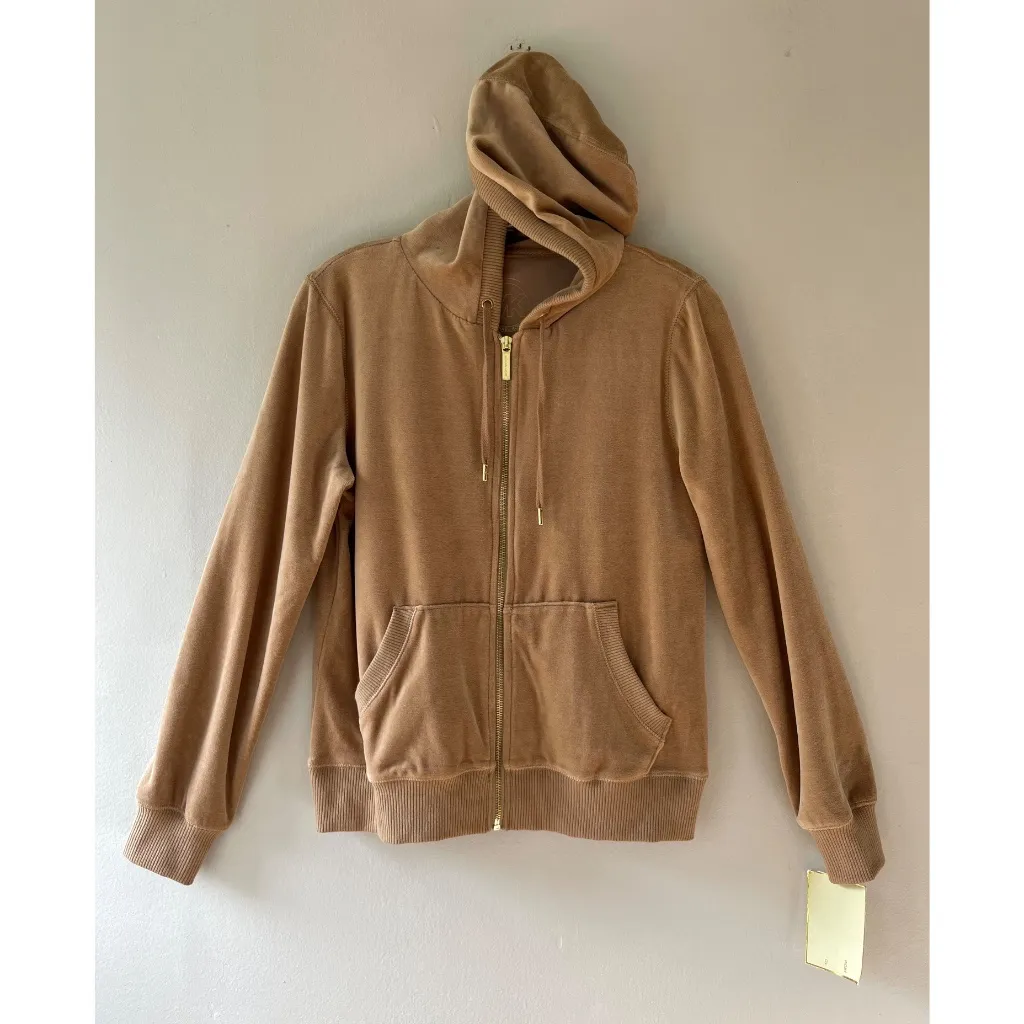 Michael Kors Sz M Tan Velour Full Zip Hoodie Jacket Sweater Pockets - Image 2