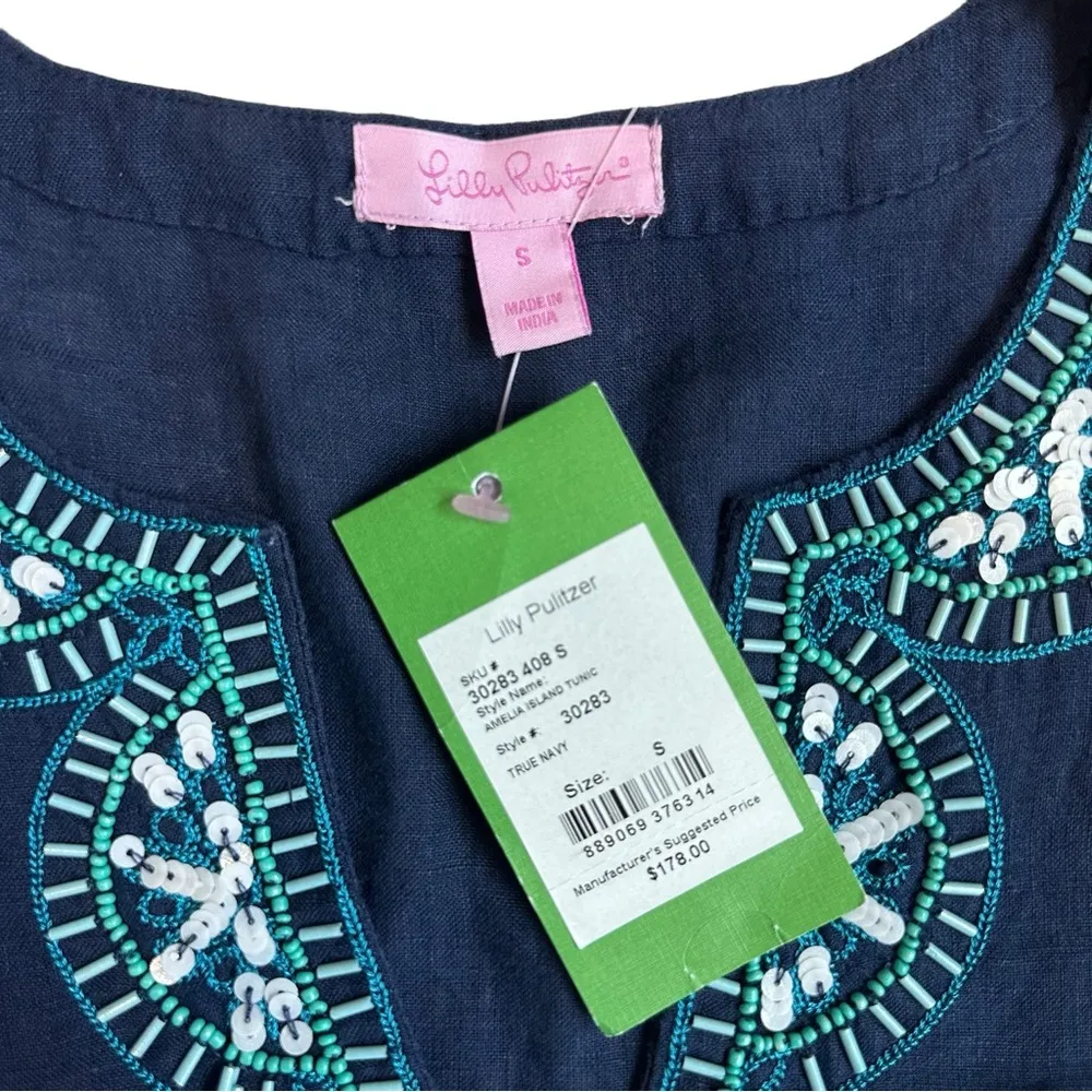NEW  Amelia Island Tunic Top Linen Beaded Navy Blue Small - Image 5