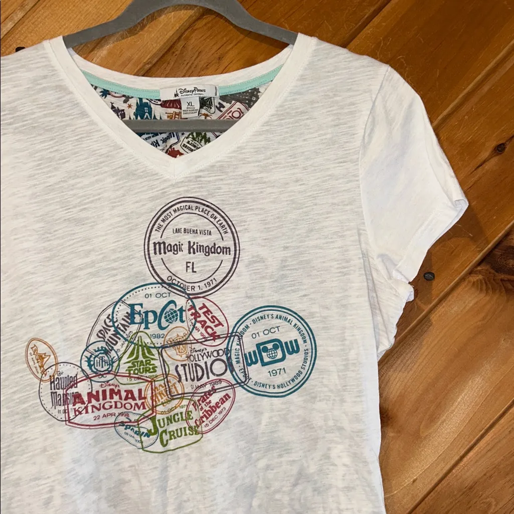 Disney parks & attractions vintage stamps vneck tshirt - Image 3