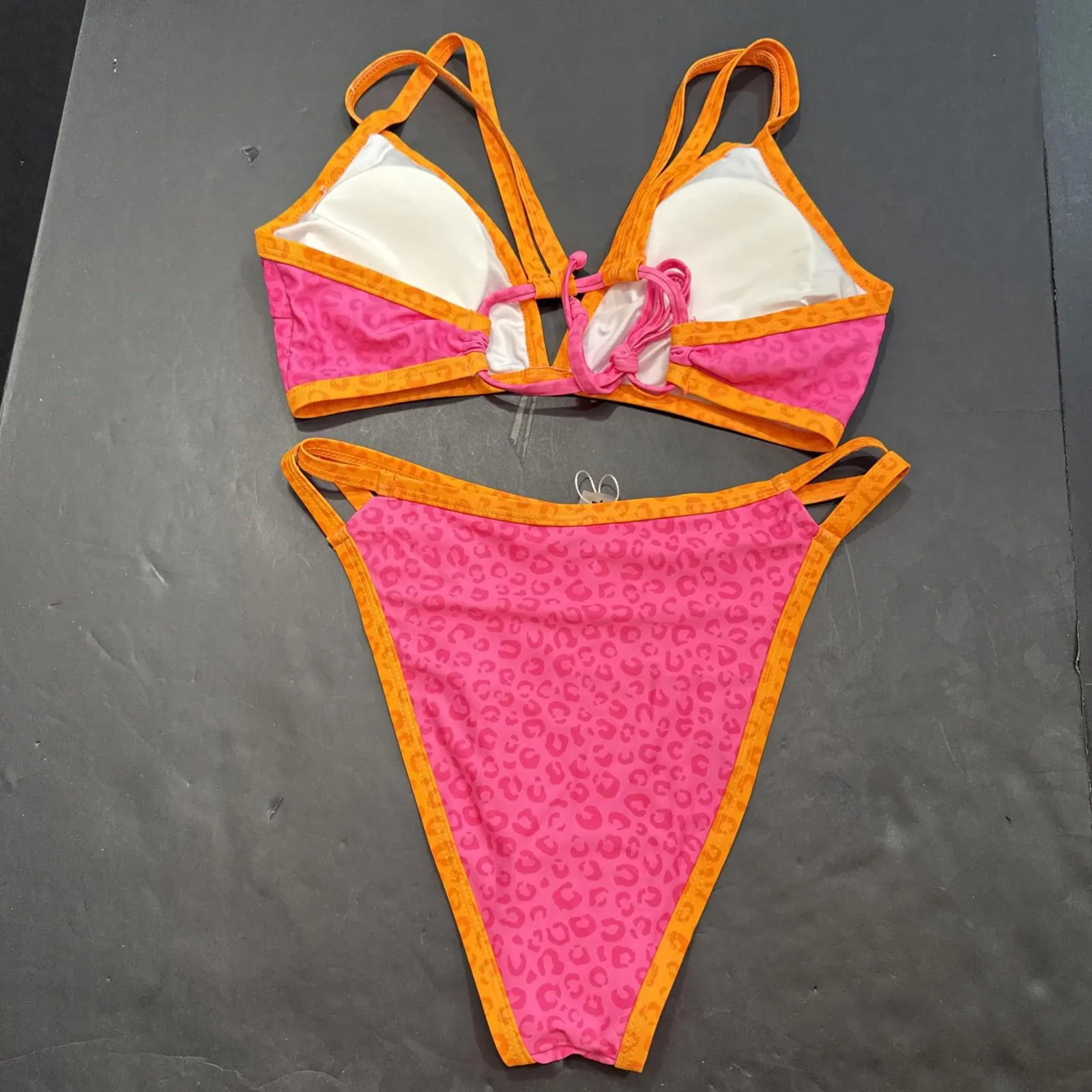 Popvil Neon Orange & Hot Pink Animal Cheetah Print 2 Piece Bikini Small NWOT - Image 2
