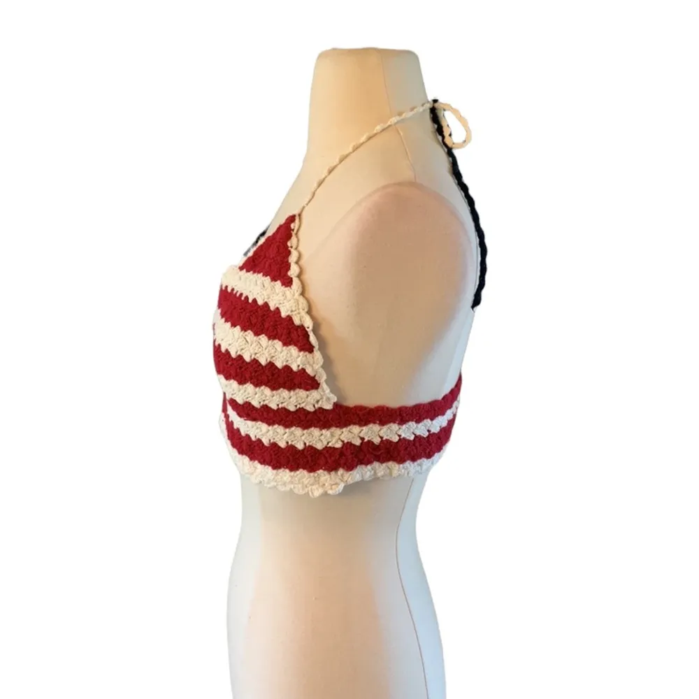 Halter crop Top Crochet America Womens L XL Red White Blue Shirt Patriotic - Image 9