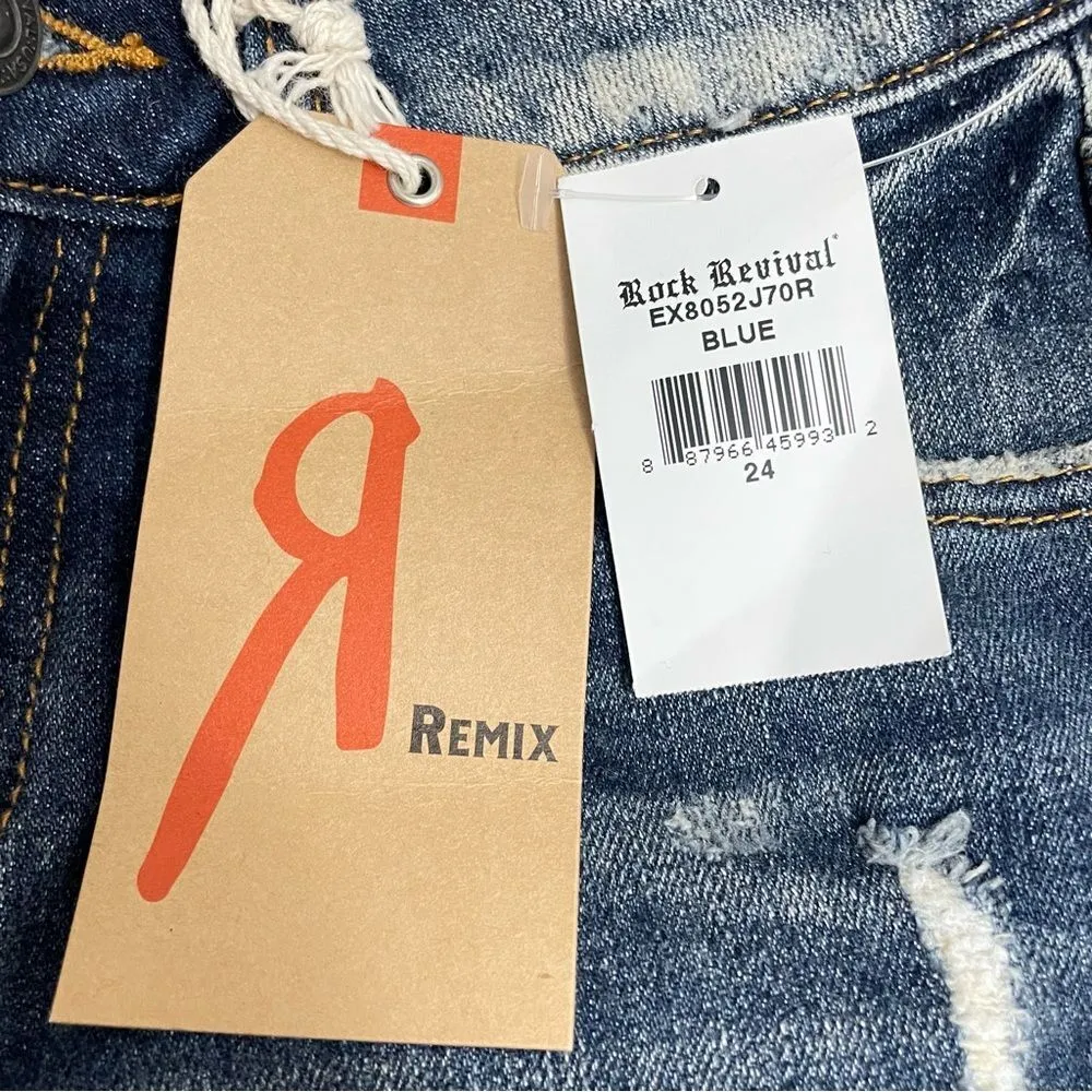 NWT Remix by Rock Revival Straight Leg Jeans in Destroyed Indigo Wash Size 24 - Image 12