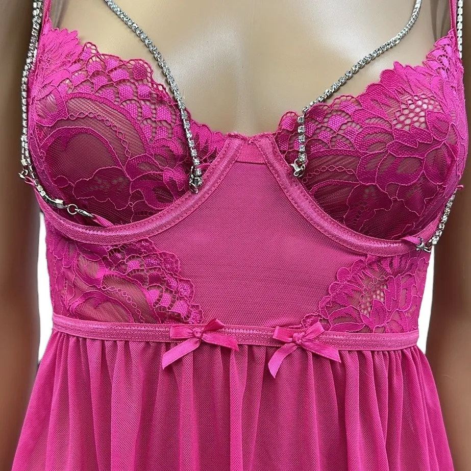 Seven Til Midnight Pink Babydoll Lace Mesh Rhinestone Chain Lingerie Top Size M Size M - Image 6
