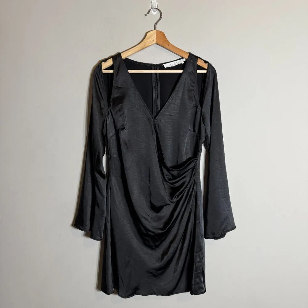 ASTR the Label Long Sleeve Cutout Faux Wrap Mini Dress Womens Medium Black Satin - Image 4