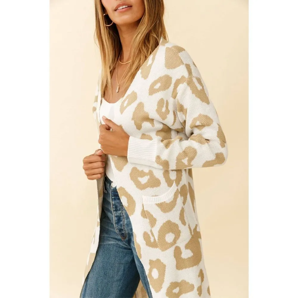 Vestidos Womens Animal Print Open‎ Front Pocket Long Line Cardigan Tan Medium - Image 4