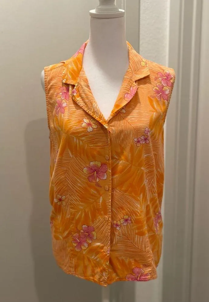 VTG  Orange & Pink Tropical Floral Print Sleeveless Button-Up Blouse Top - Image 2