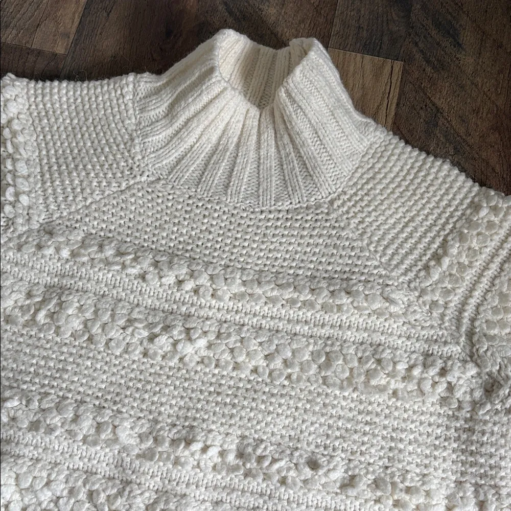 Lou & Grey Snowbird Pom Pom Sweater Cream Mockneck Chunky Alpaca Blend Size M - Image 3