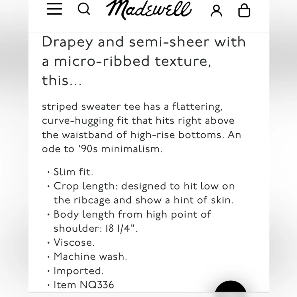 Madewell Micro Rib Sweater Tee Crop Monument (Grey/White) Stripe Medium NWOT - Image 7