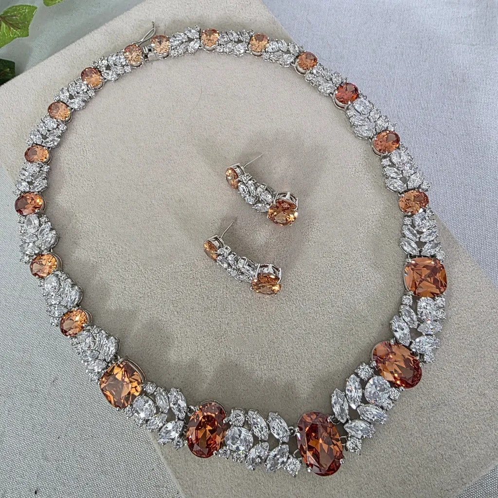 Silver Rhodium with Orange And Clear Zirconia Neckalce and Earrings Set - Image 2