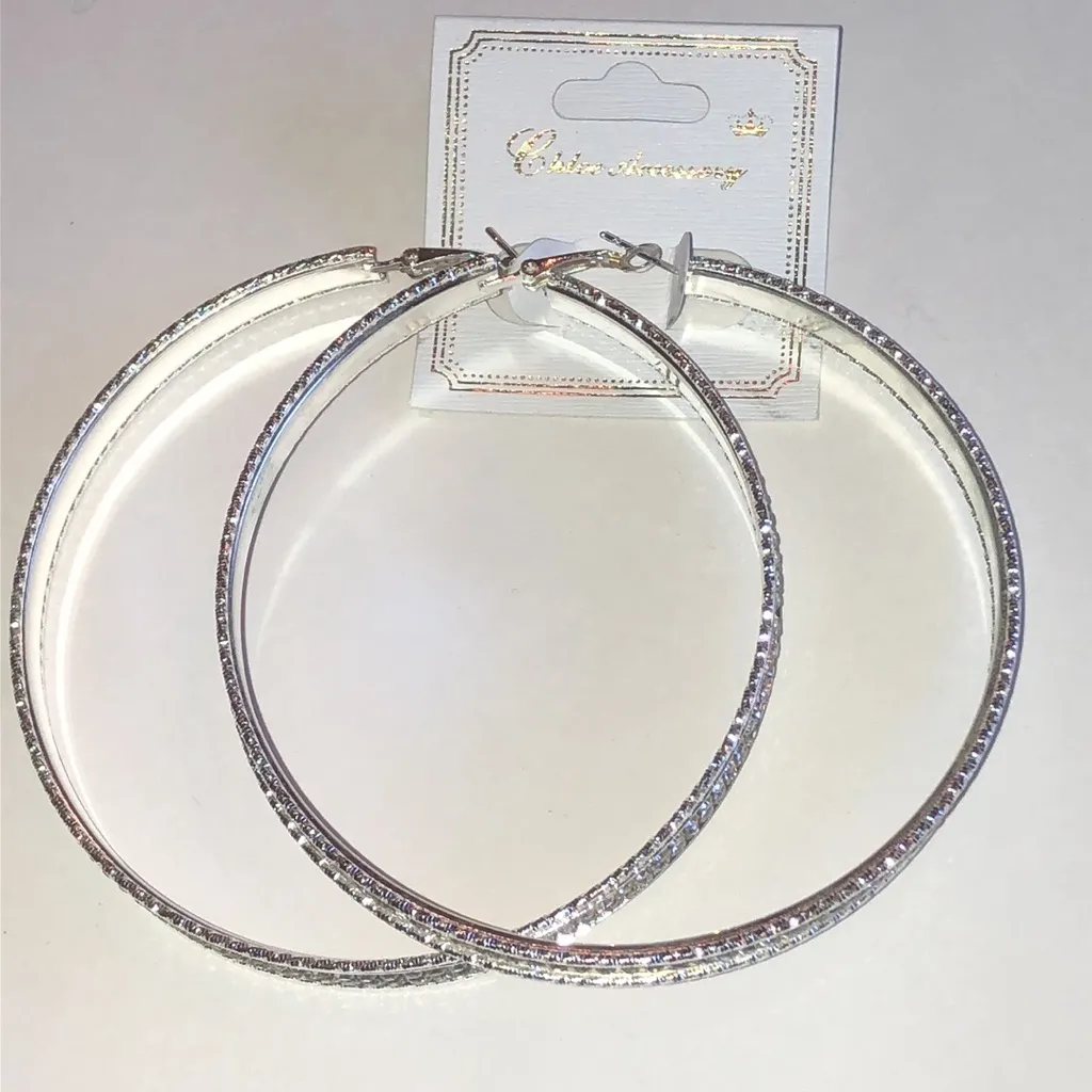 Silver Tone CZ Rhinestone Huge Boho Hoop Earrings - Image 2