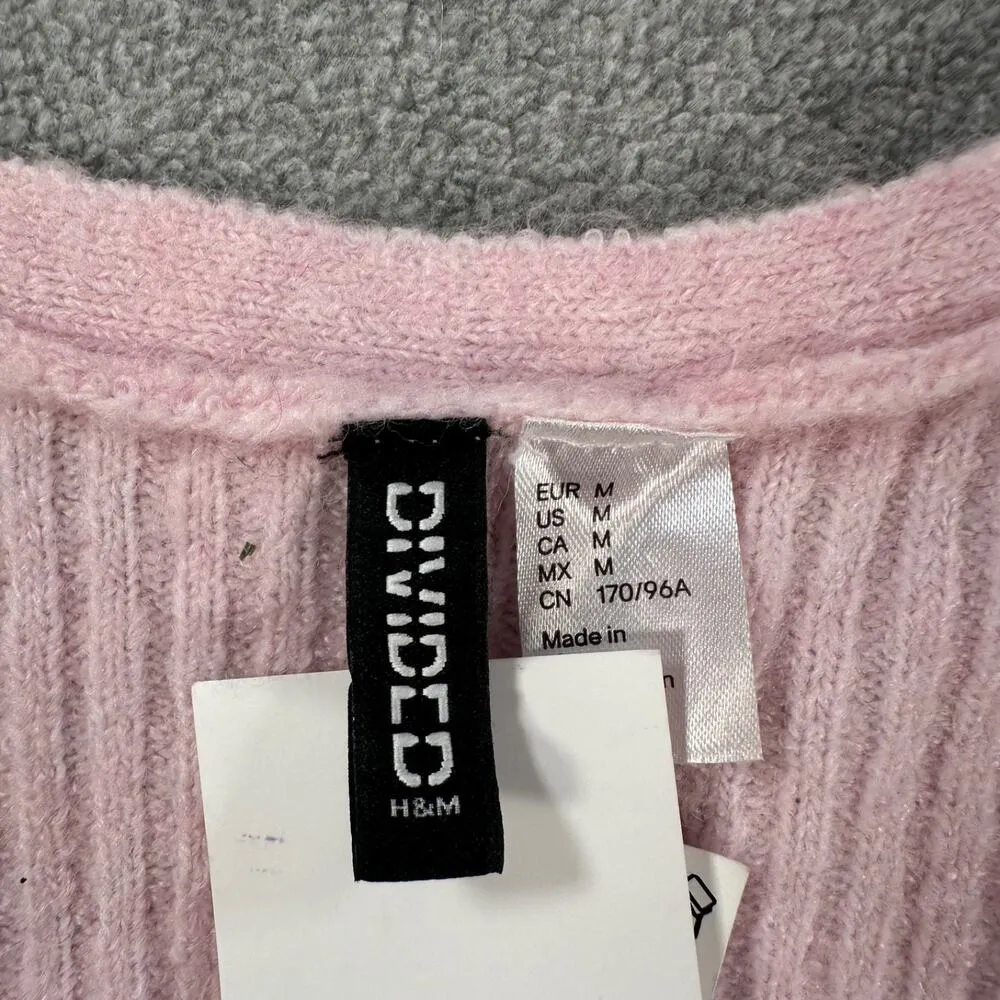 H&M Ribbed Knit Tie Front Sweater Top Women Medium Pink Short Sleeve Cropped New - Image 3