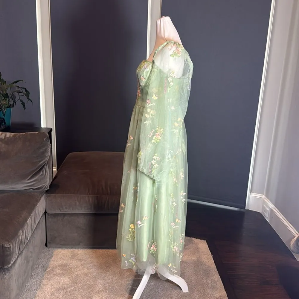 Green Long Sleeve Prom Party Dress Embroidered Flowers & Butterflies Size 12 - Image 6