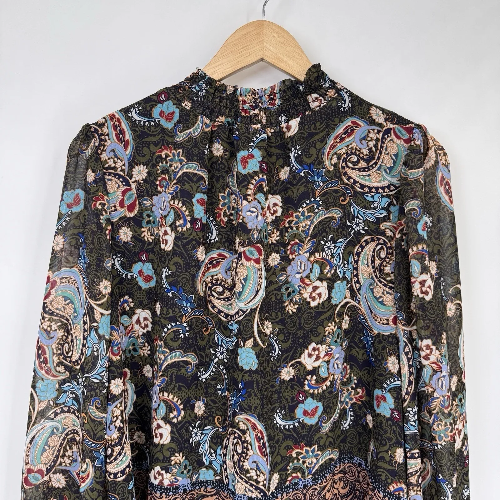 Fig and Flower Mock Neck Top Womens Large Brown Paisley Hippie Boho Forest Fairy - Image 2