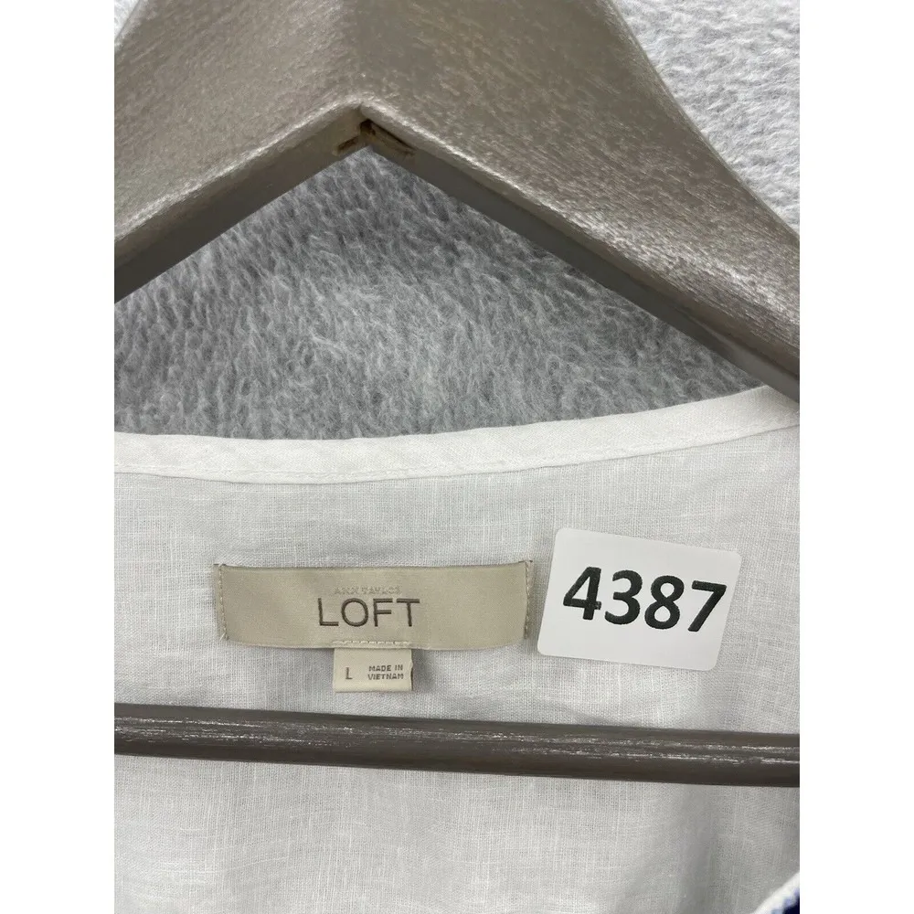 LOFT Ann Taylor Women's Blouse Sleeveless Embroidered Trim White Sz Large Linen - Image 16