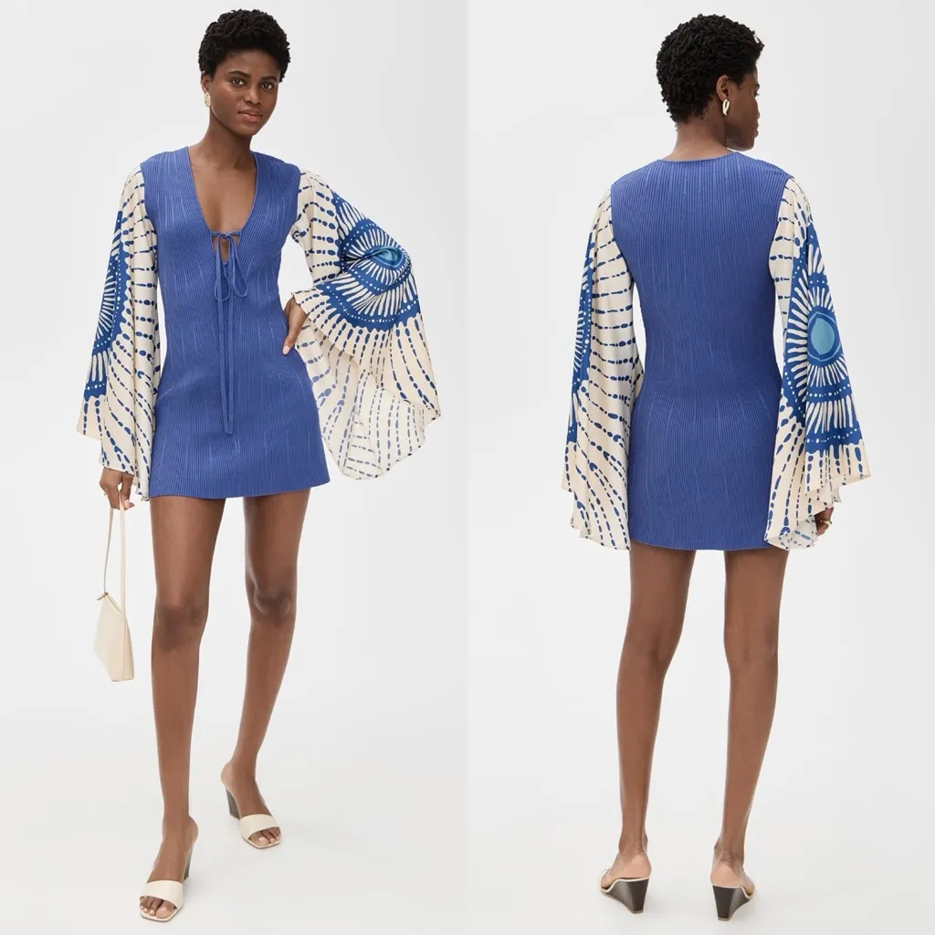 ALEXIS Lai Dress Ribbed Knit Tie-Front Bell Sleeve Mini Size Medium Blue NWT - Image 11