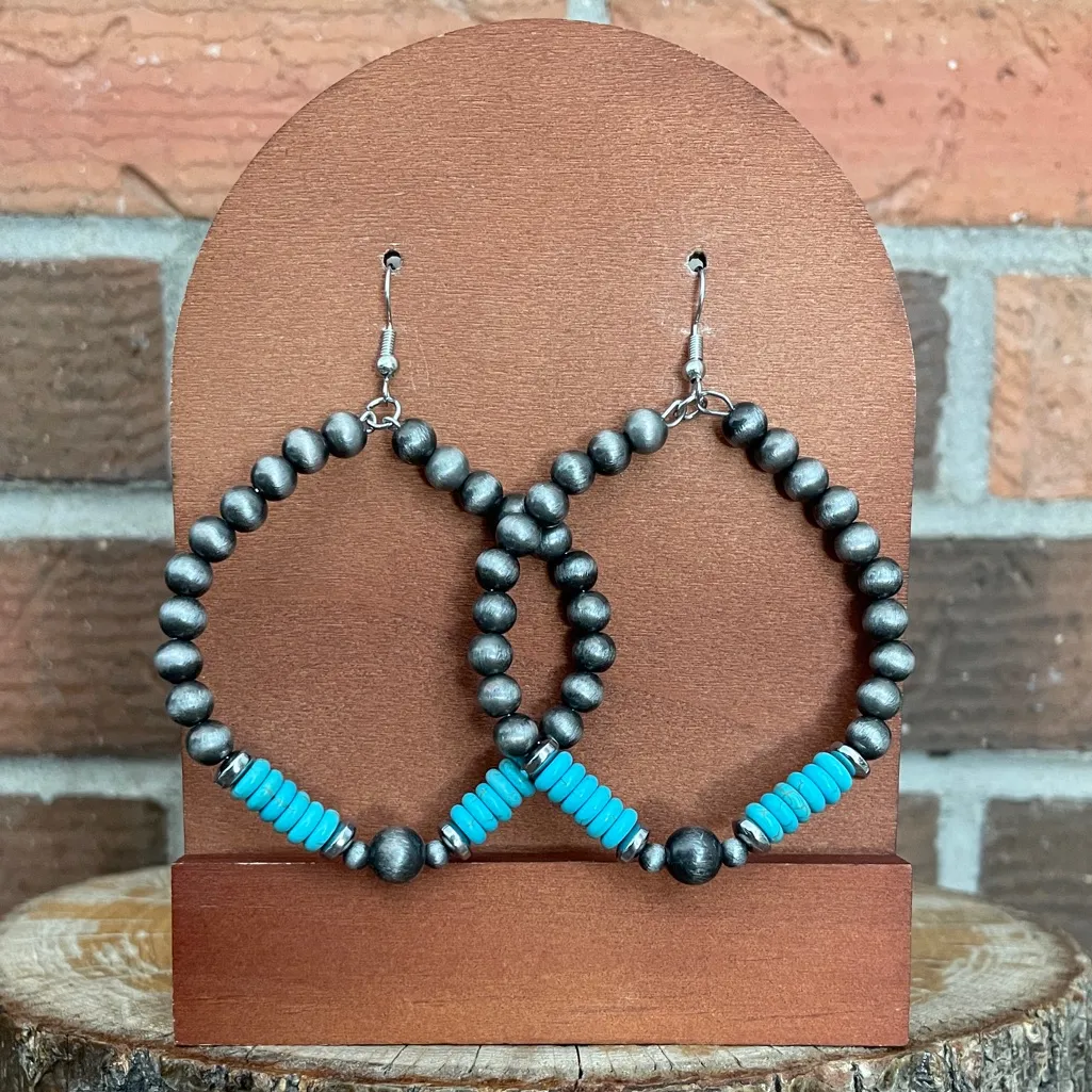 Navajo Style Pearl Hoop Drop Earrings with Turquoise Disks Silver - Image 3