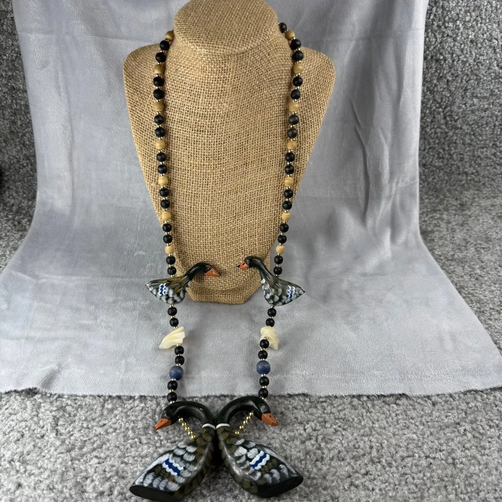 Wood Duck Geese Statement Necklace Beaded Shell Accents Hand Painted Vintage Black - Image 13