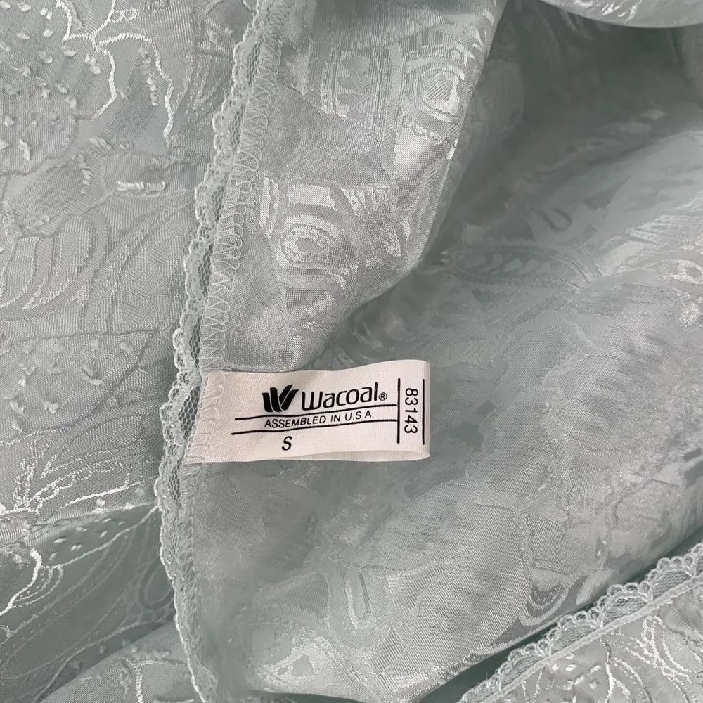 Vintage WACOAL Light Blue Floral Jacquard Satin Chemise Size Small Nightie - Image 5