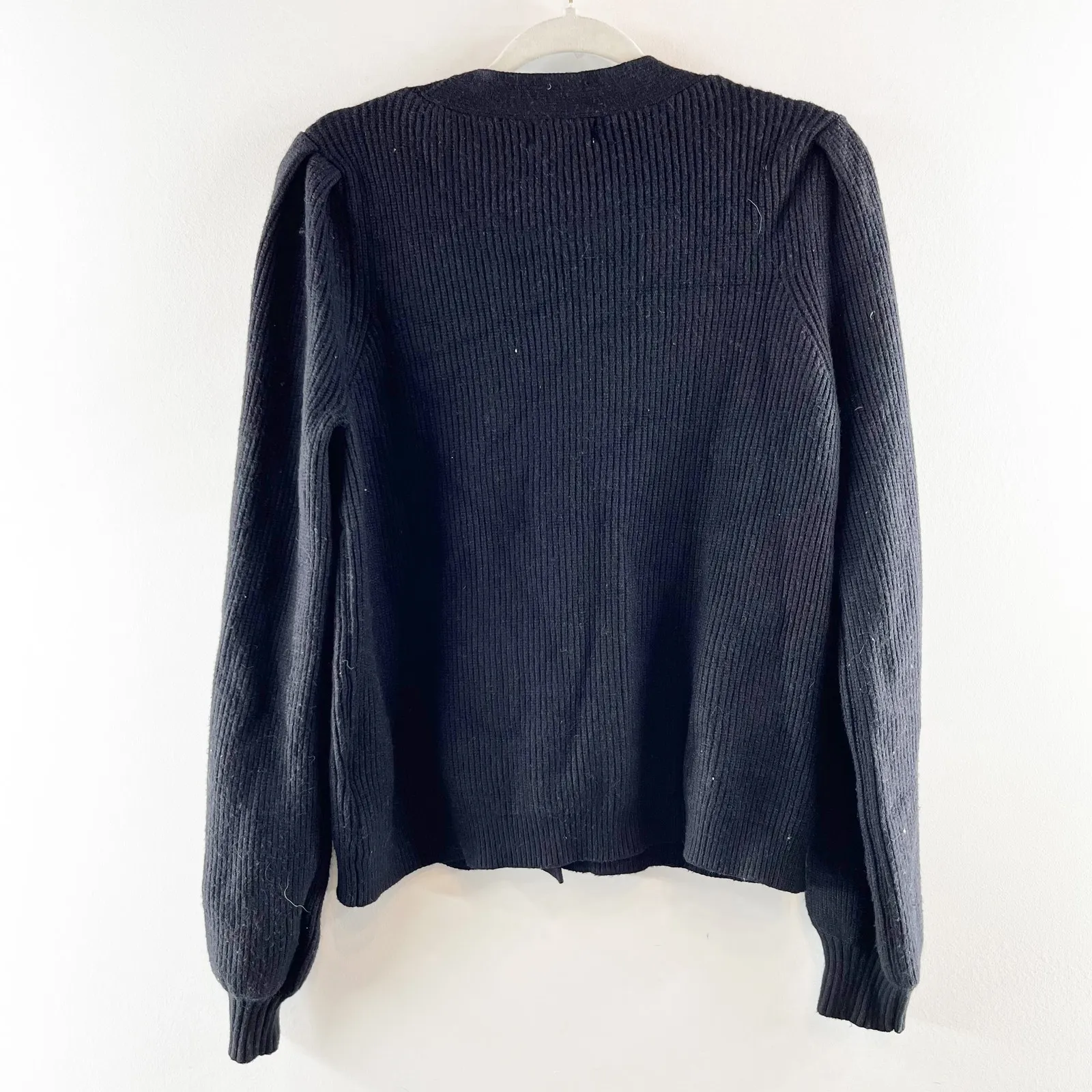 &Merci Puff Sleeve Ribbed V Neck Button Front Knit Cardigan Sweater Black Medium - Image 3