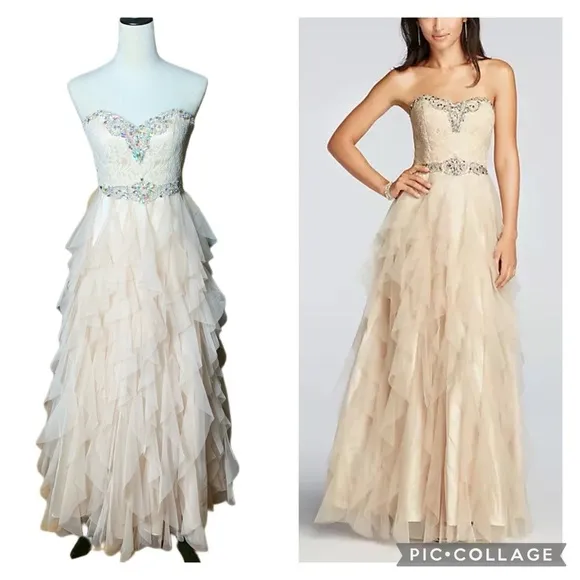 Masquerade Sweetheart Tulle Ruffle Tiered Formal Prom Dress Corset in Champagne - Image 2