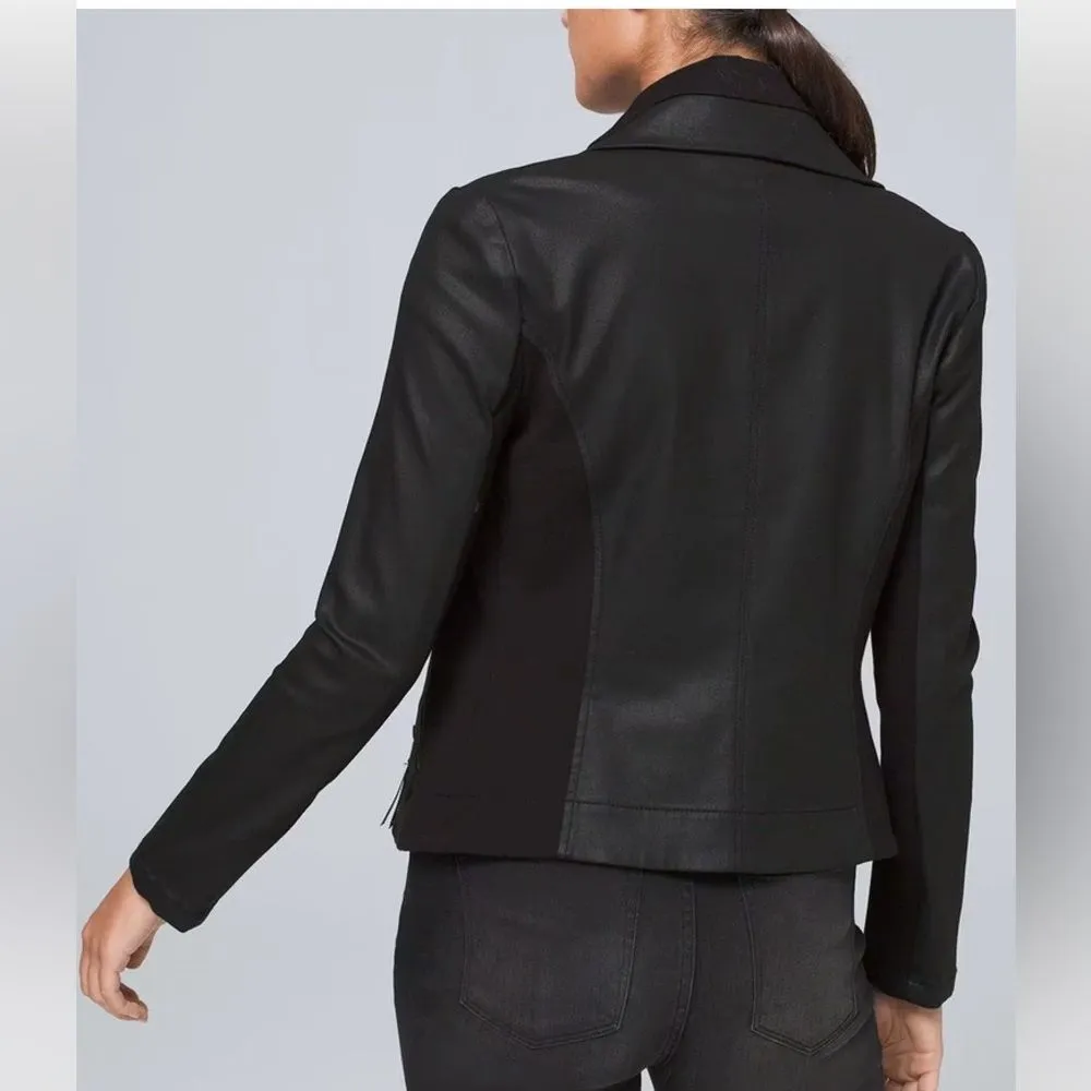 White House Black Market Black Long Sleeve Coated Denim Cropped Moto Jacket S - Image 6